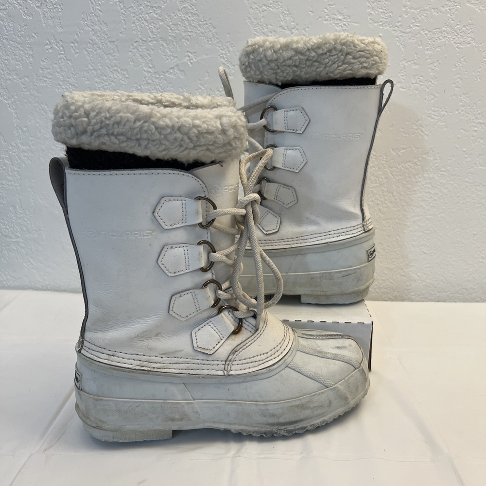 Polaris Winter Snow Boots Womens Sz 6 White‎ Steel Shank Mid Calf Lace Up Lined